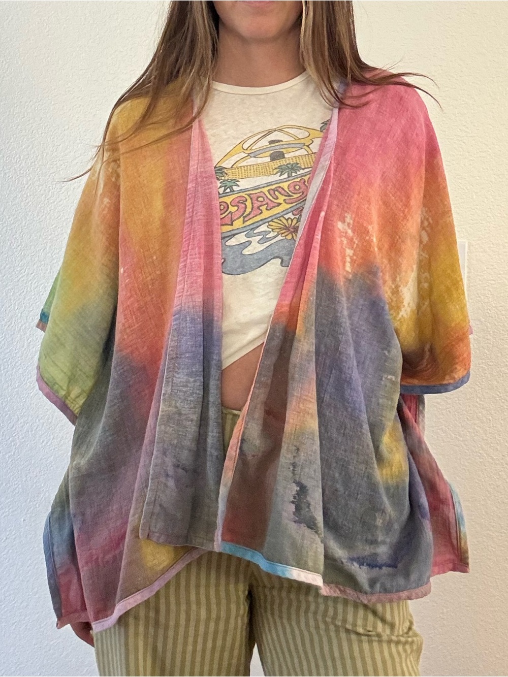 Sucecos hand painted Boho Tie-Dye Open Front Kimono - Multicolor one of a kind
